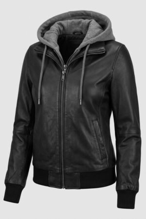 Women's Removable Hooded Leather Bomber
